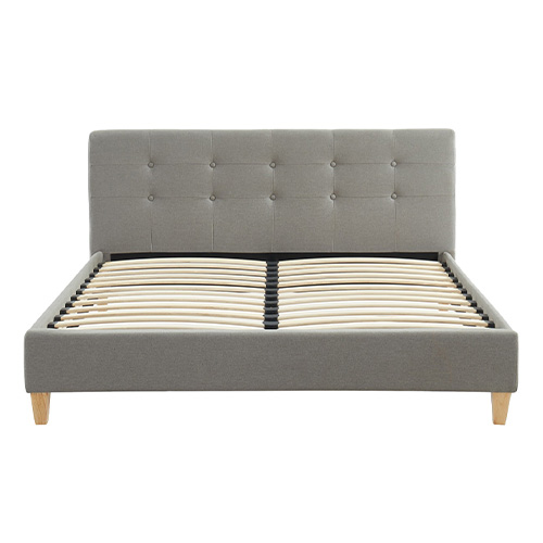 Lit adulte 140x190 avec tête de lit capitonnée en tissu gris clair - sommier à lattes - Milo