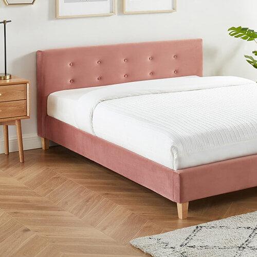 Lit adulte 140x190 avec tête de lit capitonnée en velours rose blush - sommier à lattes - Milo