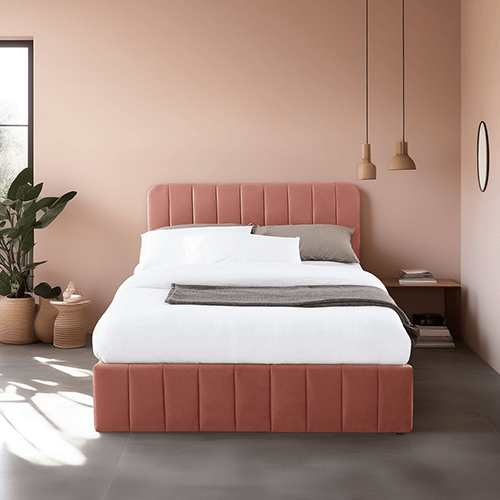 Lit coffre 140x190cm en velours rose blush avec tête de lit + sommier à lattes - Collection Ava - ELLE DECO