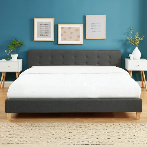 Ensemble lit + matelas Memo HR avec tête de lit capitonnée en tissu gris foncé - sommier à lattes 180x200cm - Collection Milo