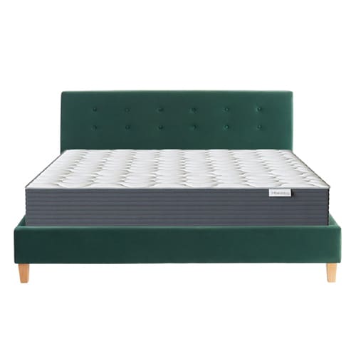 Ensemble lit + matelas Memo HR avec tête de lit en velours vert bouteille - sommier à lattes 160x200cm - Collection Milo