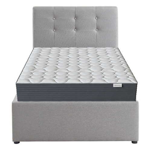 Ensemble matelas mémoire + lit enfant coffre et sommier 90x190cm en tissu gris clair Memo HR avec tête de lit- Collection Tina