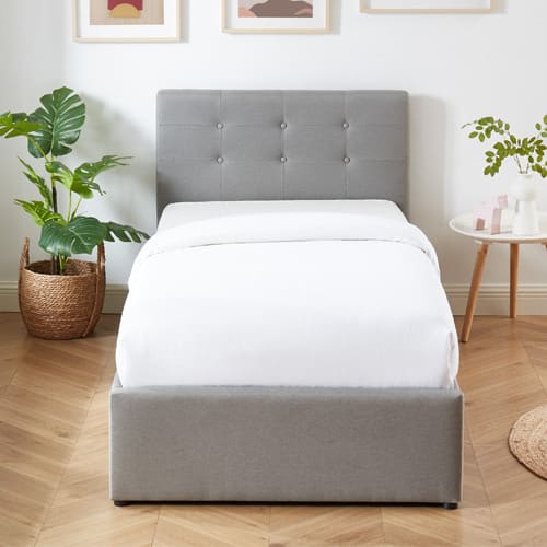 Ensemble matelas mémoire + lit enfant coffre et sommier 90x190cm en tissu gris clair Memo HR avec tête de lit- Collection Tina