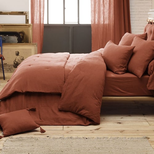 Drap housse 100% gaze de coton - Bonnet 30cm - 90x190cm - Terracotta - Simone