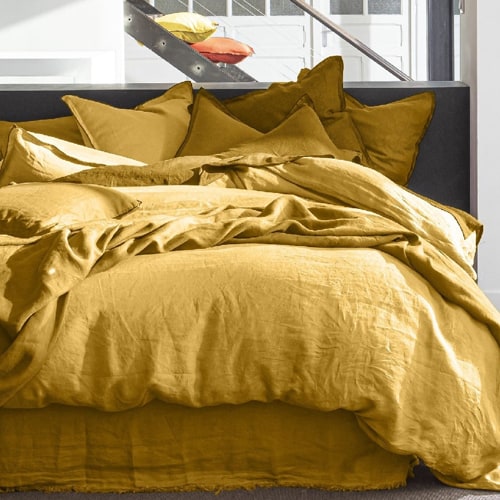 DRAP HOUSSE 160X200CM 100% LIN LAVÉ JAUNE CURRY