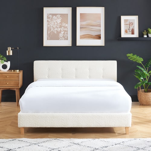 Lit adulte 140x190 avec tête de lit capitonnée en tissu bouclé beige - sommier à lattes - Milo