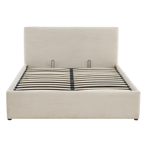  Lit coffre 160x200 en velours côtelé beige avec tête de lit et sommier à lattes - Tina