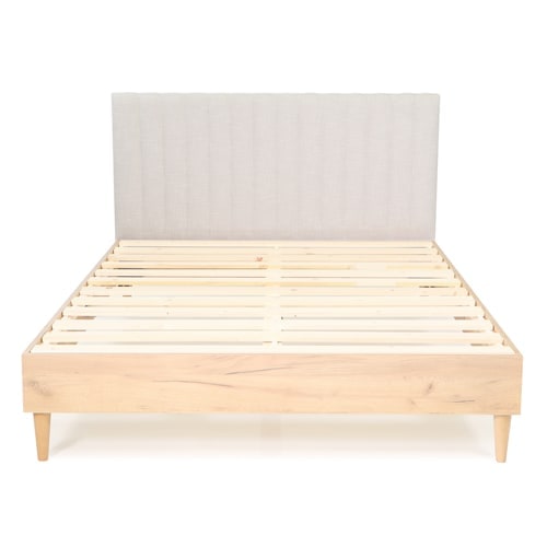 Lit adulte 140x190 cm en bois naturel avec sommier et tête de lit en tissu gris clair - Elioco