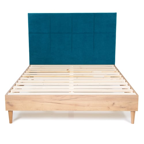 Lit adulte 140x190 cm en bois naturel avec sommier et tête de lit en velours bleu canard - Pamy