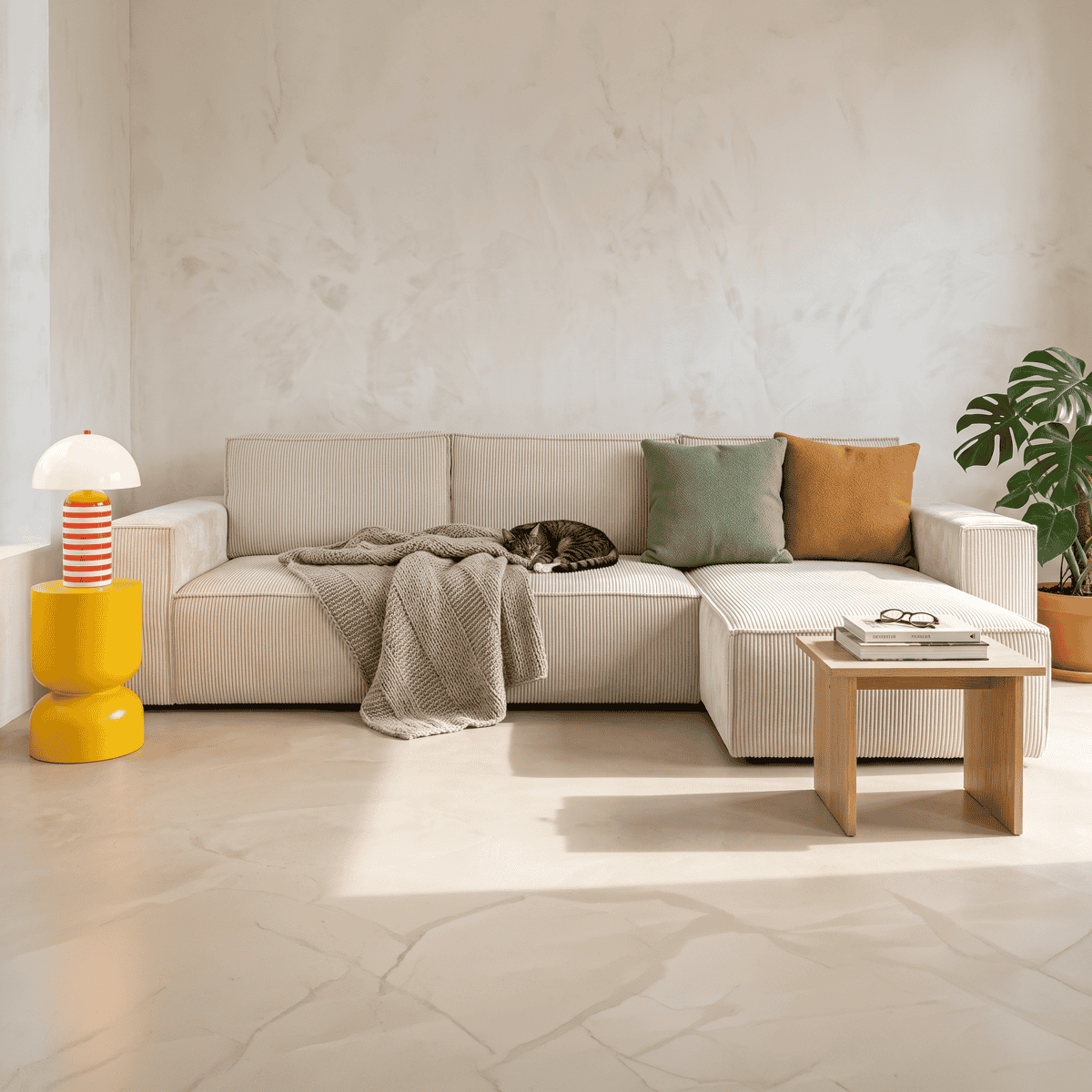 Canapé d'angle convertible réversible 5 places avec coffre de rangement en velours côtelé Beige - Collection Harper