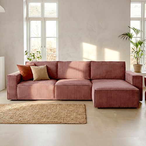 Canapé d'angle convertible réversible 5 places avec coffre de rangement en velours côtelé vieux rose - Harper