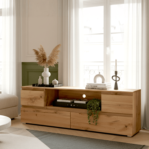 Meuble TV 4 tiroirs effet chêne 160 cm - Medea