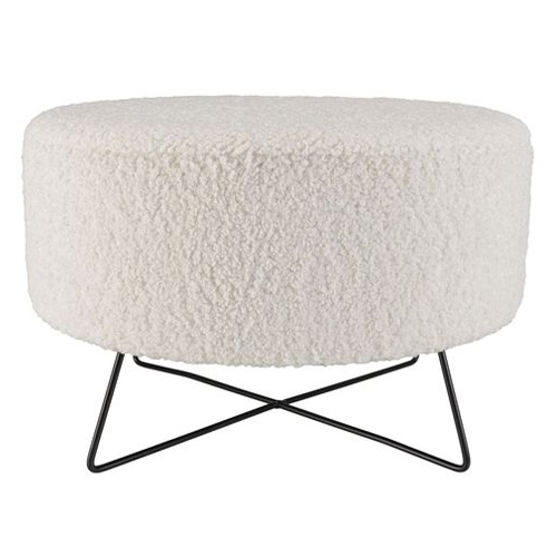 Pouf rond tissu bouclette écru pieds croisés métal noir - Albane