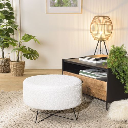 Pouf rond tissu bouclette écru pieds croisés métal noir - Albane