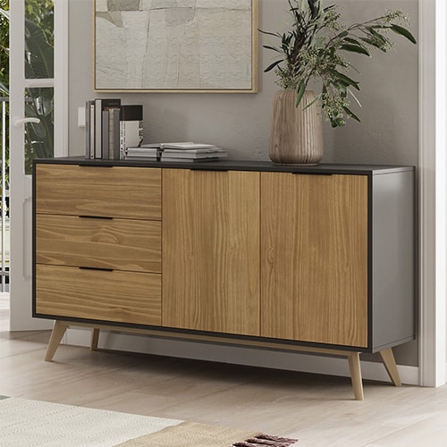 Buffet 2 portes 3 tiroirs bois ciré / noir 140 cm - Timeo