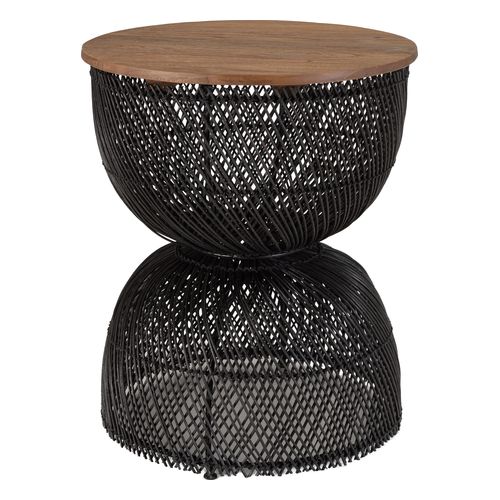 Table d'appoint en rotin noir plateau en teck recyclé - Sixtine