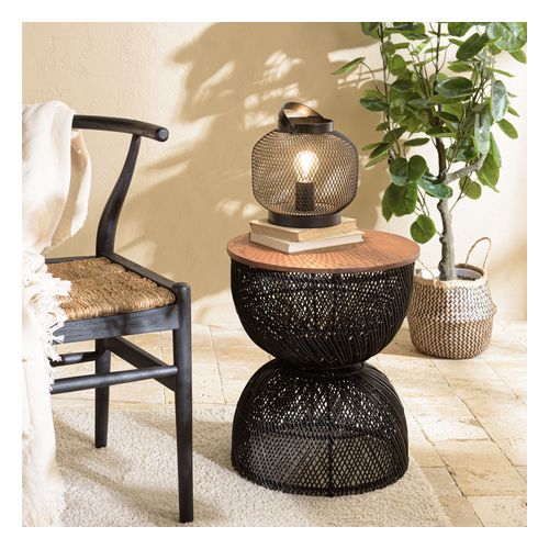 Table d'appoint en rotin noir plateau en teck recyclé - Sixtine