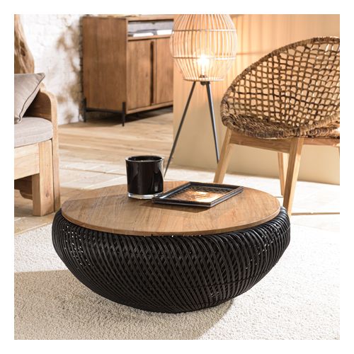 Table basse ronde 80x80cm en rotin noir plateau amovible - Sixtine