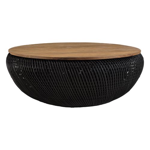 Table basse ronde 100x100cm en rotin noir plateau amovible - Sixtine