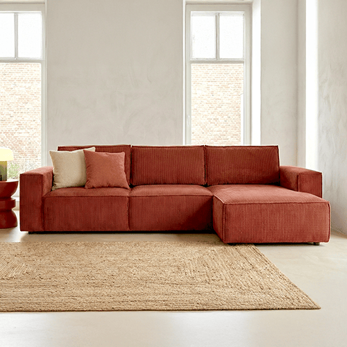 Canapé d'angle convertible réversible 5 places avec coffre de rangement en velours côtelé rouille - Harper