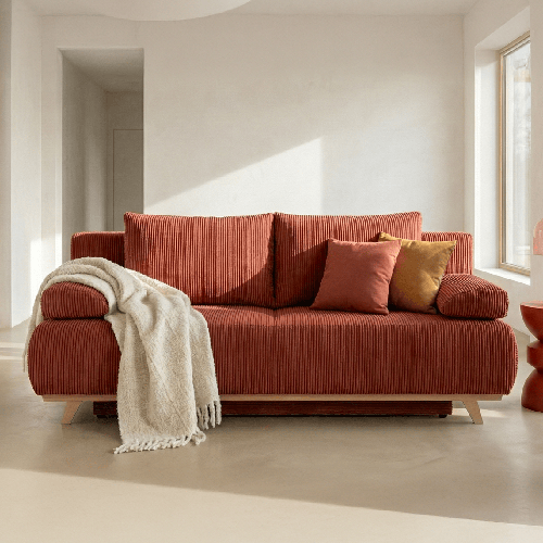 Canapé convertible 3 places avec coffre de rangement en velours côtelé rouille - Laria