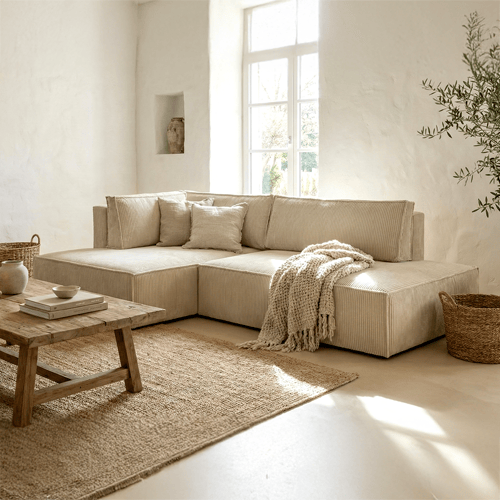Canapé d'angle à gauche convertible 3 places avec coffre de rangement en velours côtelé beige - Barani