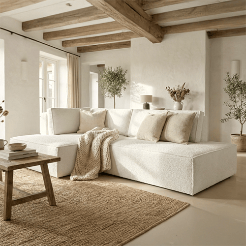 Canapé d'angle à gauche convertible 3 places avec coffre de rangement en tissu bouclé écru - Barani