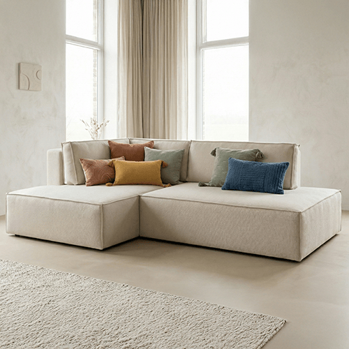 Canapé d'angle à gauche convertible 3 places avec coffre de rangement en tissu beige- Barani