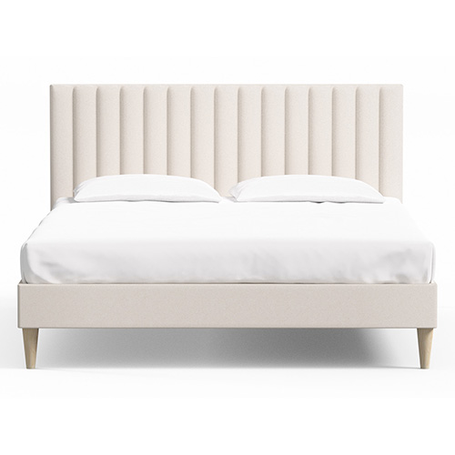 Lit adulte 140x190 en velours beige avec tête de lit matelassée - Eliot