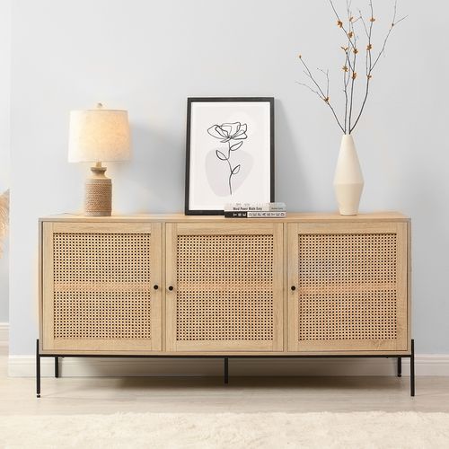 Buffet 3 portes en cannage naturel et effet chêne 160 cm - Iris