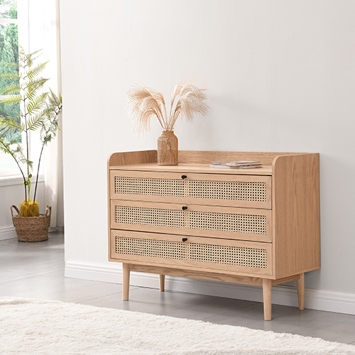 Commode 3 tiroirs en cannage naturel et placage chêne 105 cm - Eden