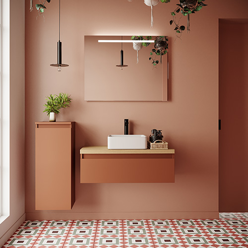 Meuble de salle de bain suspendu vasque à poser 90cm 1 tiroir Terracotta + miroir + colonne ouverture gauche - Hudson