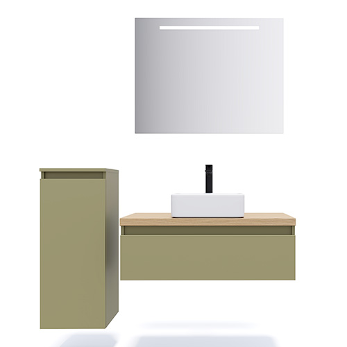 Meuble de salle de bain suspendu vasque à poser 90cm 1 tiroir Vert olive + miroir + colonne ouverture gauche - Rivage