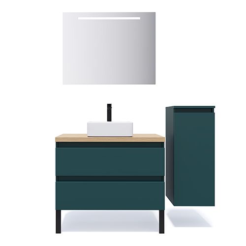 Meuble de salle de bain suspendu vasque à poser 90cm 2 tiroirs Bleu + miroir + colonne ouverture droite - Rivage