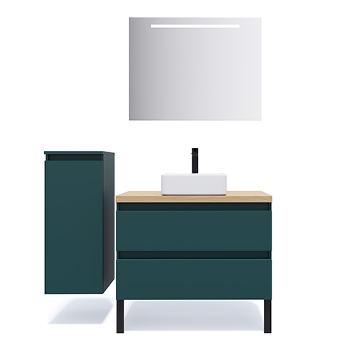 Meuble de salle de bain suspendu vasque à poser 90cm 2 tiroirs Bleu + miroir + colonne ouverture gauche - Rivage