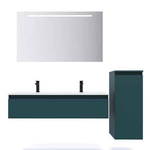 Meuble de salle de bain suspendu double vasque intégrée 120cm 1 tiroir Bleu + miroir + colonne ouverture droite - Rivage