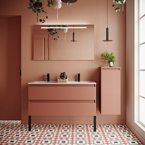 Meuble de salle de bain suspendu double vasque intégrée 120cm 2 tiroirs Abricot + miroir + colonne ouverture droite - Rivage