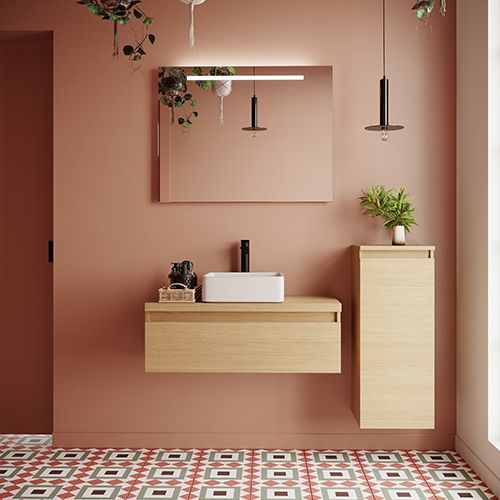 Meuble de salle de bain suspendu vasque à poser 90cm 1 tiroir Chêne clair + miroir + colonne ouverture droite - Rivage