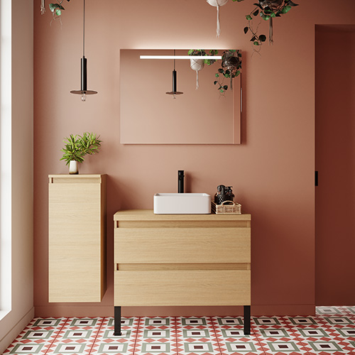 Meuble de salle de bain suspendu vasque à poser 90cm 2 tiroirs Chêne clair + miroir + colonne ouverture gauche - Rivage