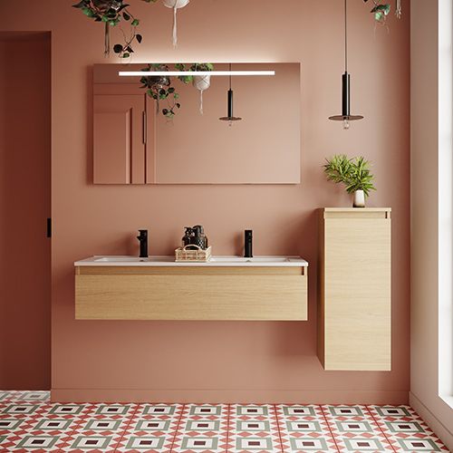 Meuble de salle de bain suspendu double vasque intégrée 120cm 1 tiroir Chêne clair + miroir + colonne ouverture droite - Rivage