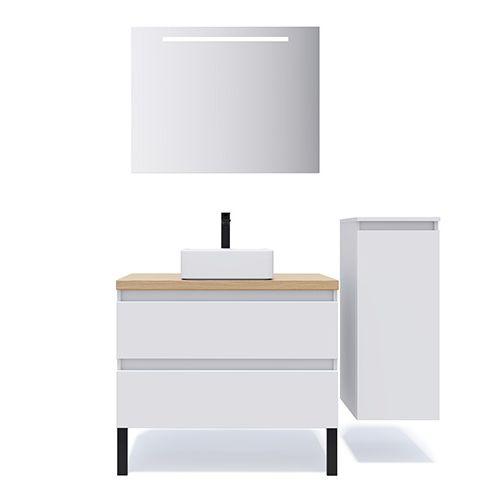 Meuble de salle de bain suspendu vasque à poser 90cm 2 tiroirs Blanc + miroir + colonne ouverture droite - Rivage