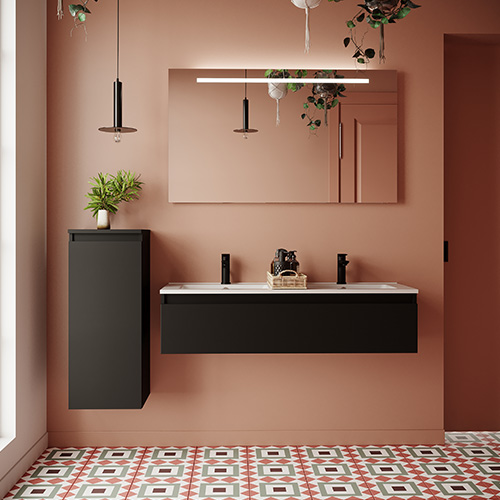 Meuble de salle de bain suspendu double vasque intégrée 120cm 1 tiroir Noir + miroir + colonne ouverture gauche - Rivage