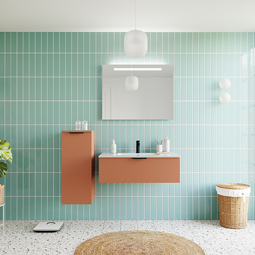 Meuble de salle de bain suspendu vasque intégrée 90cm 1 tiroir Terracotta + miroir + colonne ouverture gauche - Soho