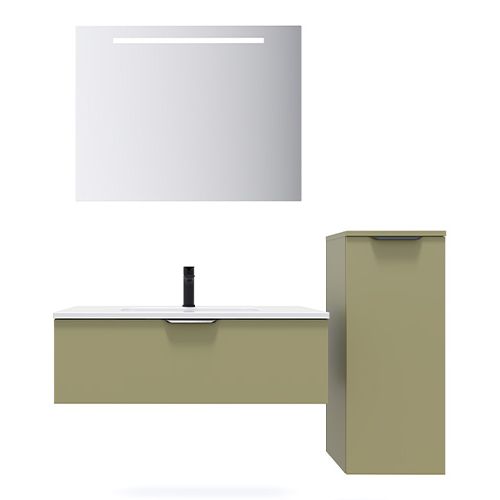 Meuble de salle de bains 90 cm Olive - 1 tiroir - simple vasque + miroir + demi-colonne ouverture à droite - Loft