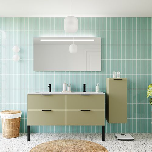 Meuble de salle de bains 140 cm Olive - 4 tiroirs - double vasque + miroir + demi-colonne ouverture à droite - Loft