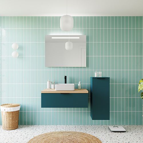 Meuble de salle de bains 90 cm Tropical - 1 tiroir - vasque carrée + miroir + demi-colonne ouverture à droite - Loft