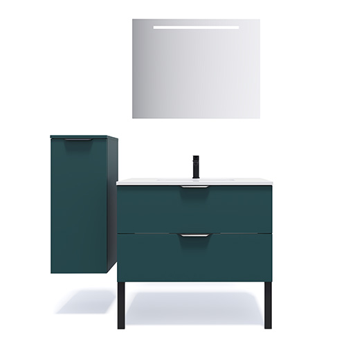 Meuble de salle de bains 90 cm Tropical - 2 tiroirs - simple vasque + miroir + demi-colonne ouverture à gauche - Loft