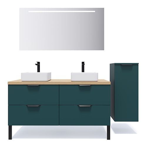 Meuble de salle de bains 140 cm Tropical - 4 tiroirs - 2 vasques carrées + miroir + demi-colonne ouverture à droite - Loft