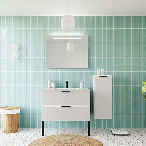 Meuble de salle de bains 90 cm Opale blanc - 2 tiroirs - simple vasque + miroir + demi-colonne ouverture à droite - Loft