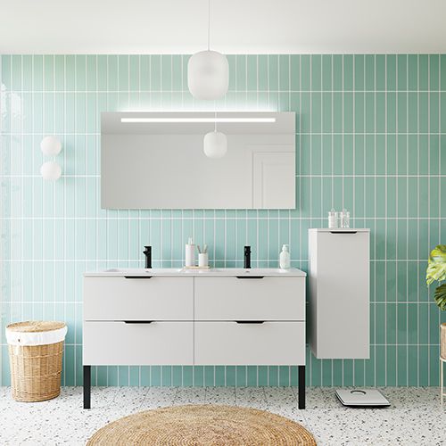 Meuble de salle de bain suspendu double vasque intégrée 140cm 4 tiroirs Blanc + miroir + colonne ouverture droite - Loft